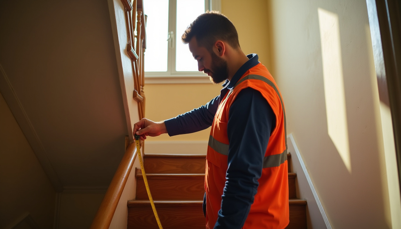 Technicien en train de mesurer un escalier à Hondschoote pour une installation sur mesure