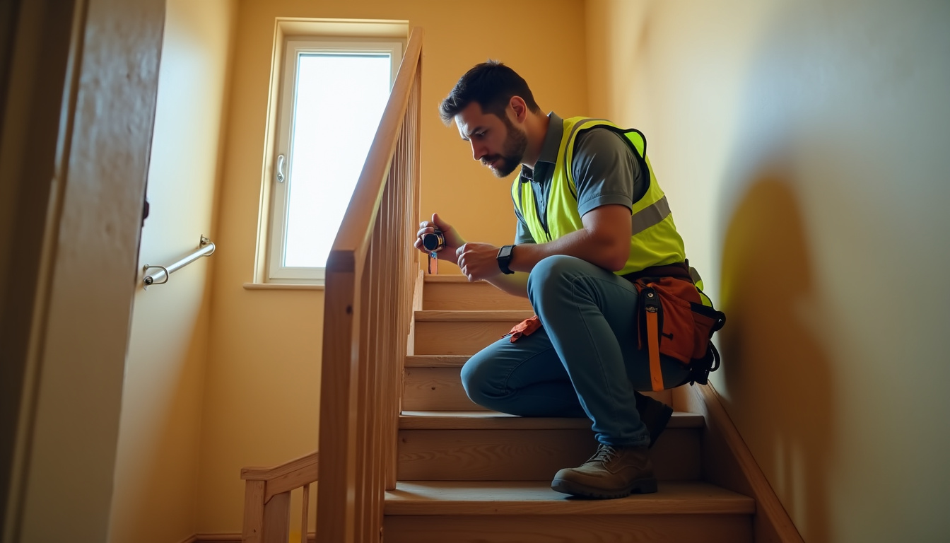 Technicien en train de mesurer un escalier à La Boisse pour une étude de faisabilité de monte-escalier