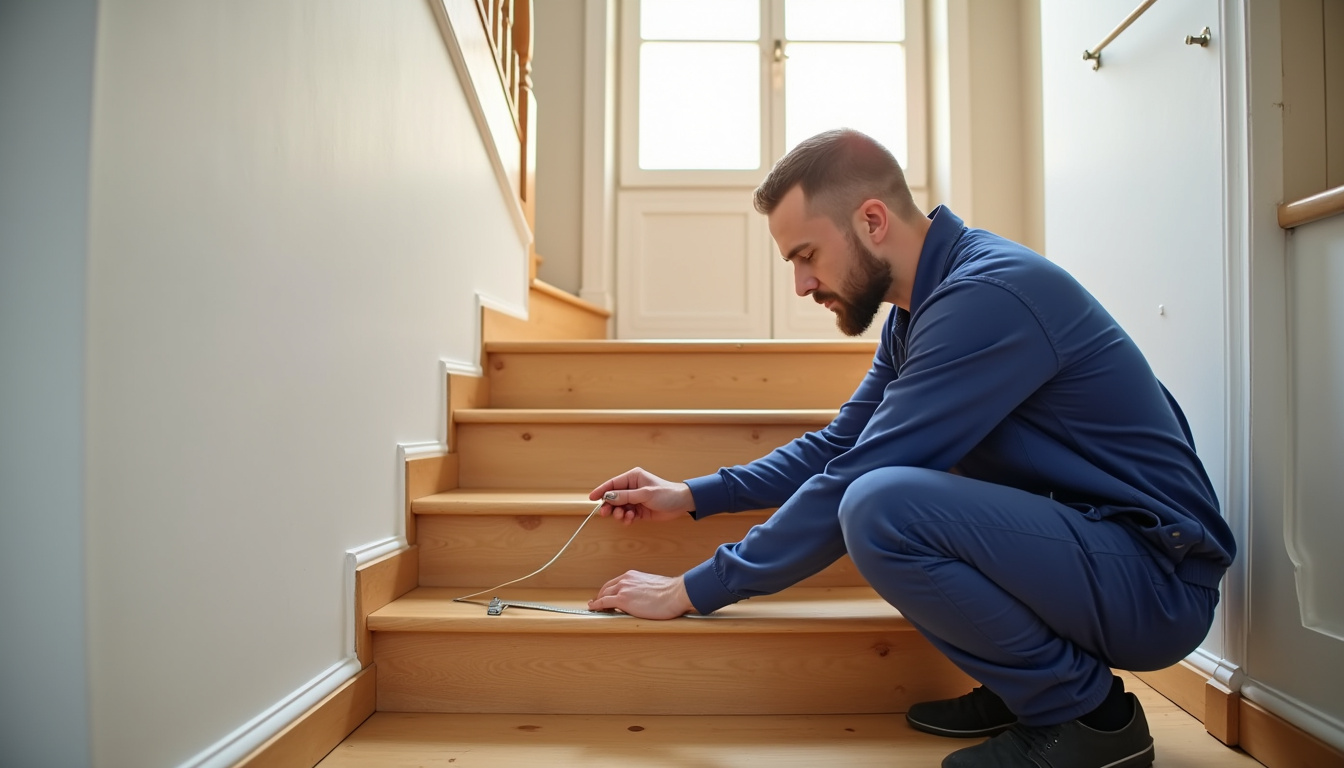 Technicien en train de mesurer un escalier à La Méaugon pour l