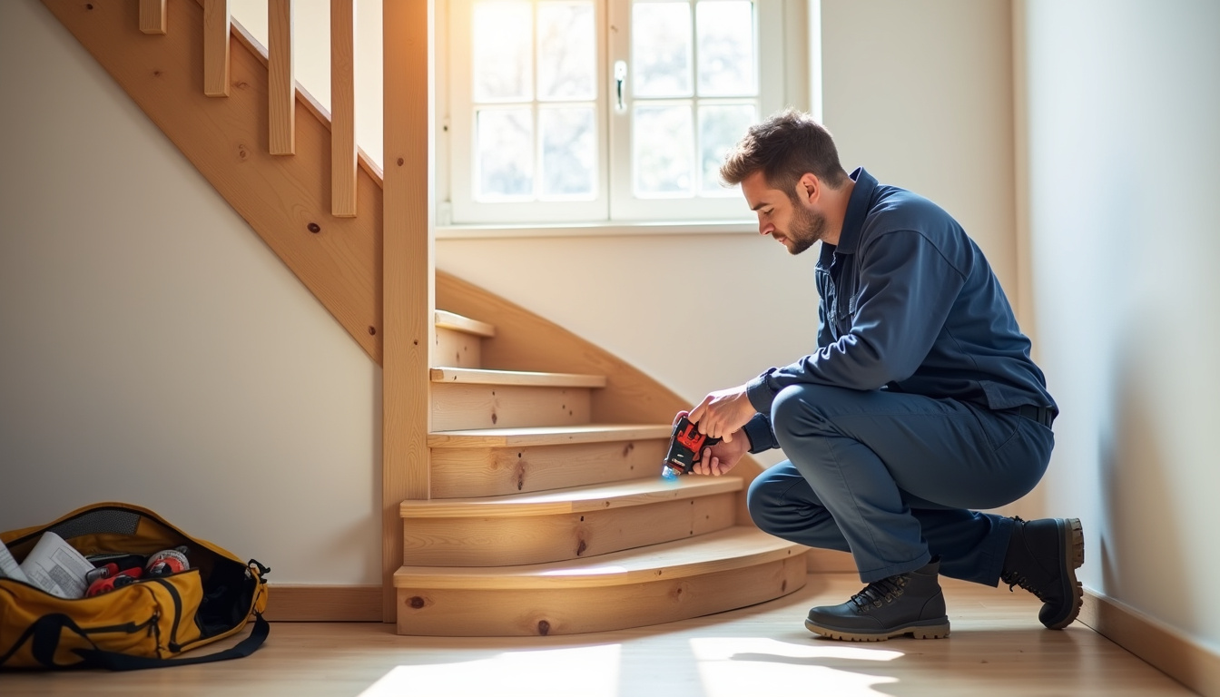 Technicien en train de mesurer un escalier à Les Loges-en-Josas pour l’installation d’un monte-escalier