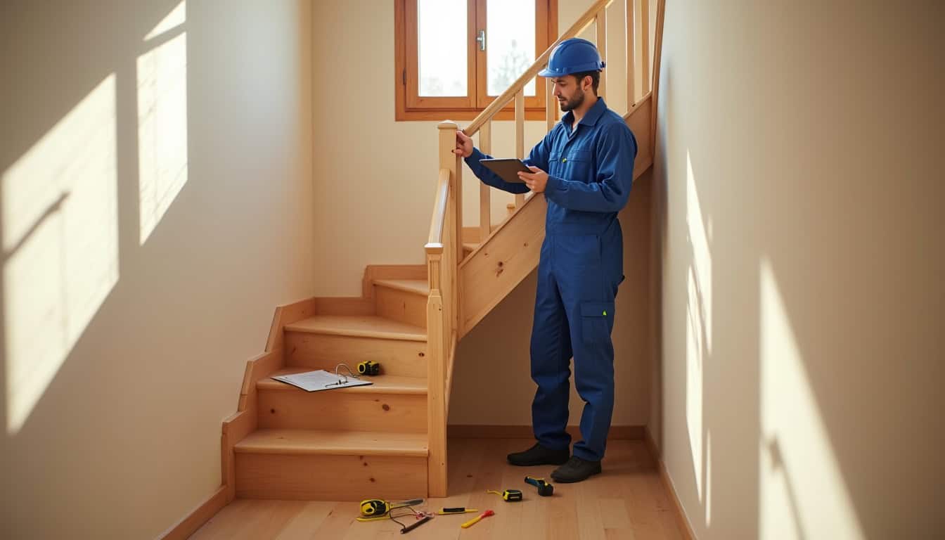 Technicien en train de mesurer un escalier à Luisant pour une étude personnalisée de monte-escalier