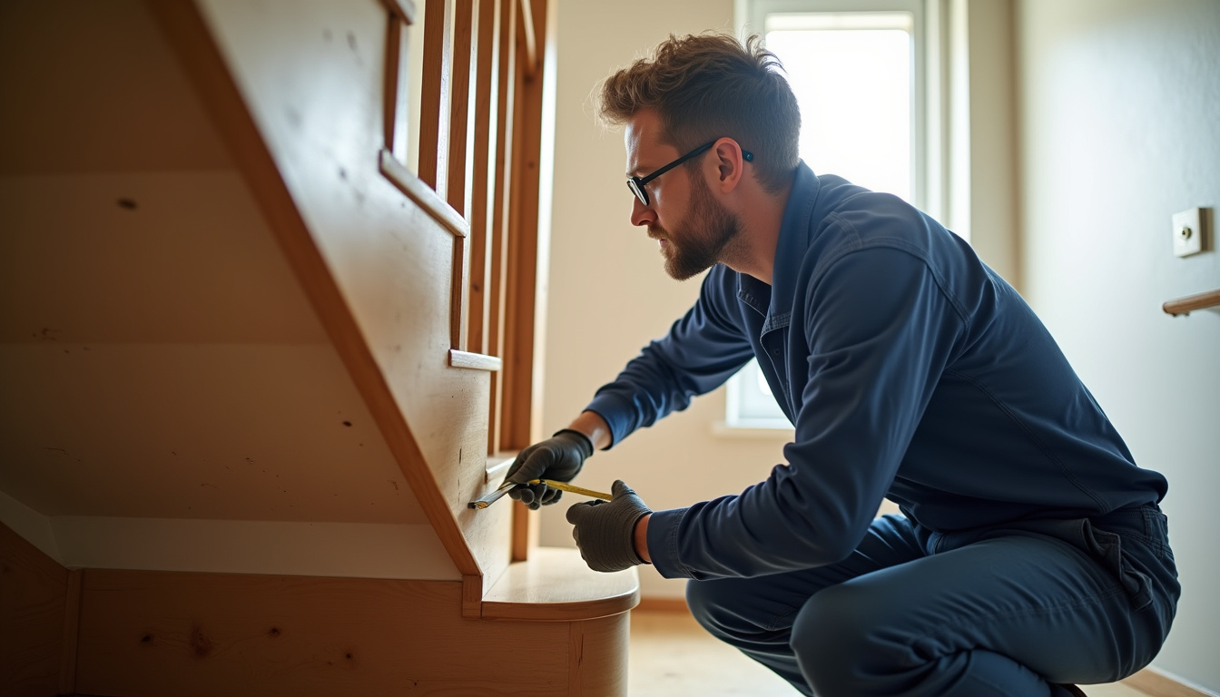Technicien en train de mesurer un escalier à Mûrs-Erigné lors d’une étude de faisabilité pour un monte-escalier sur mesure