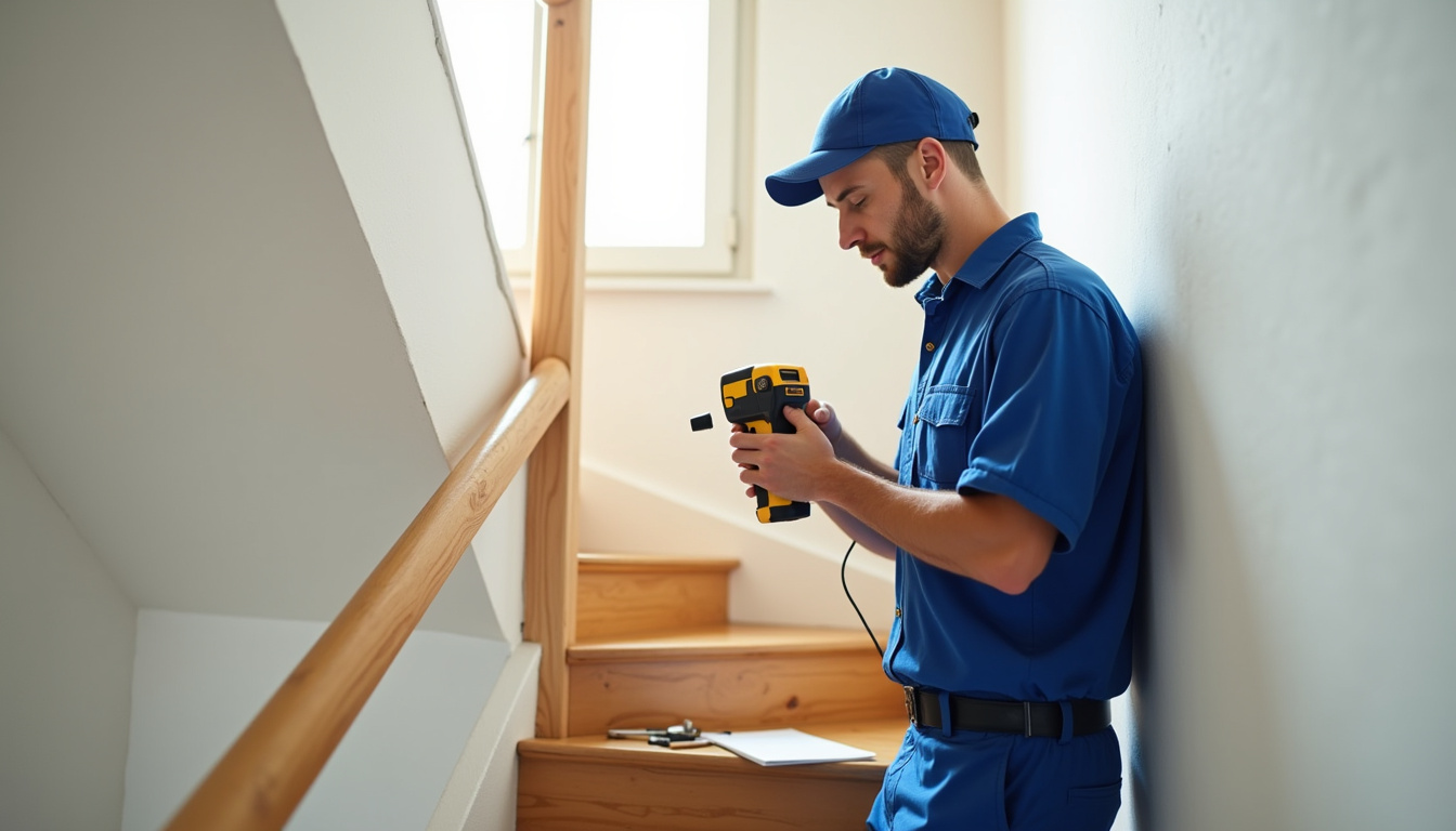 Technicien en train de mesurer un escalier à Payrin-Augmontel pour l