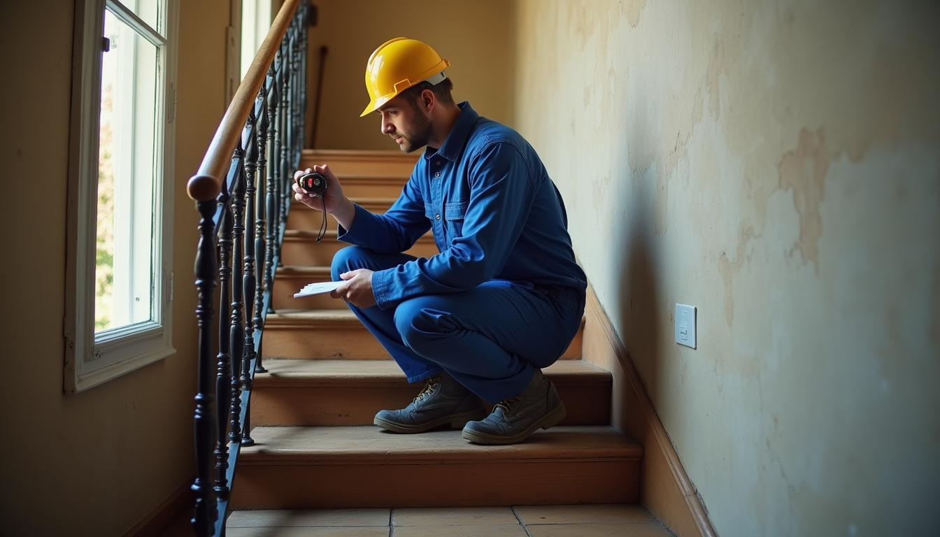 Technicien en train de mesurer un escalier à Revin pour une étude de faisabilité monte-escalier