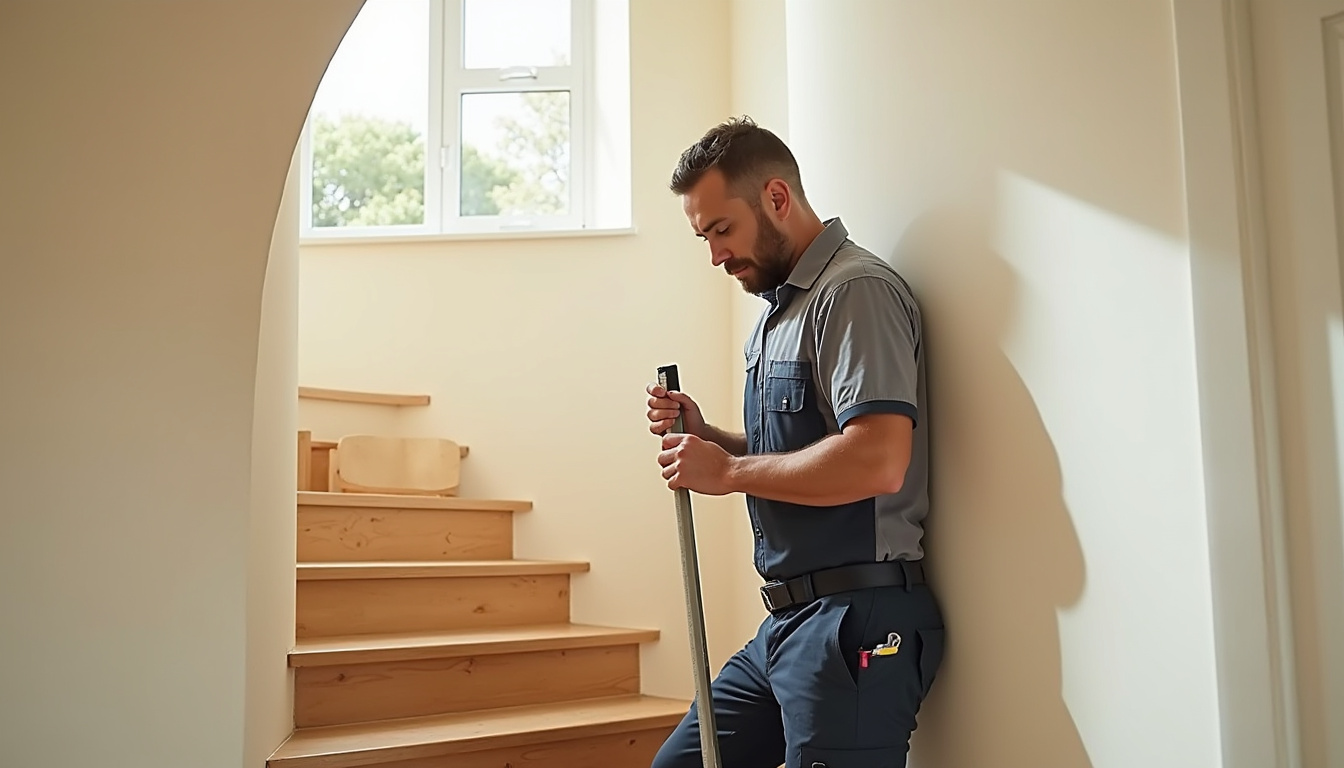 Technicien en train de mesurer un escalier à Riom pour une installation sur mesure