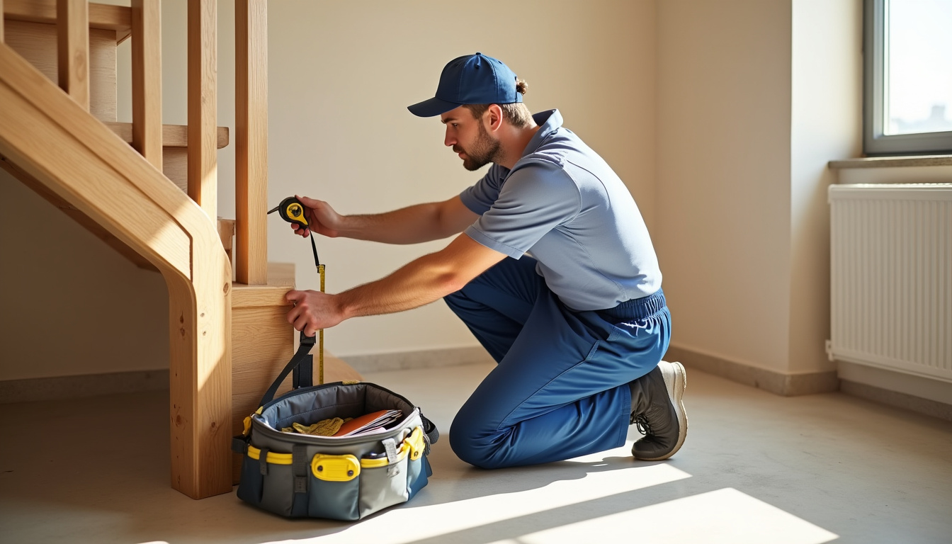 Technicien en train de mesurer un escalier à Sinnamary