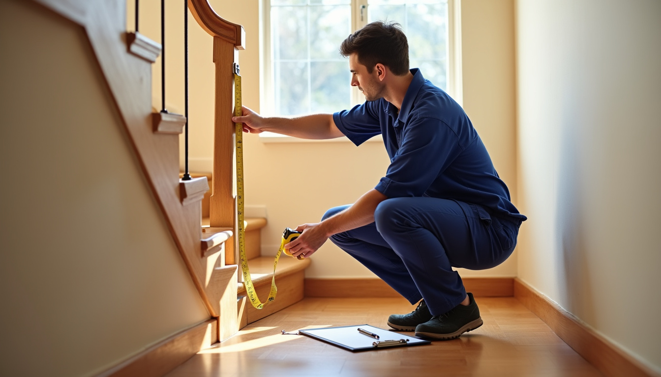 Technicien en train de mesurer un escalier à Tarare pour un devis personnalisé