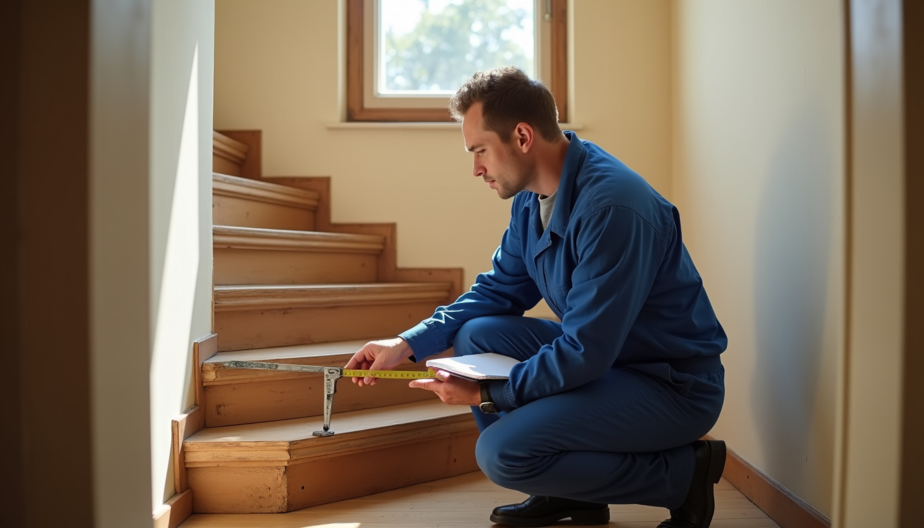 Technicien en train de mesurer un escalier à Thiverny pour une installation de monte-escalier
