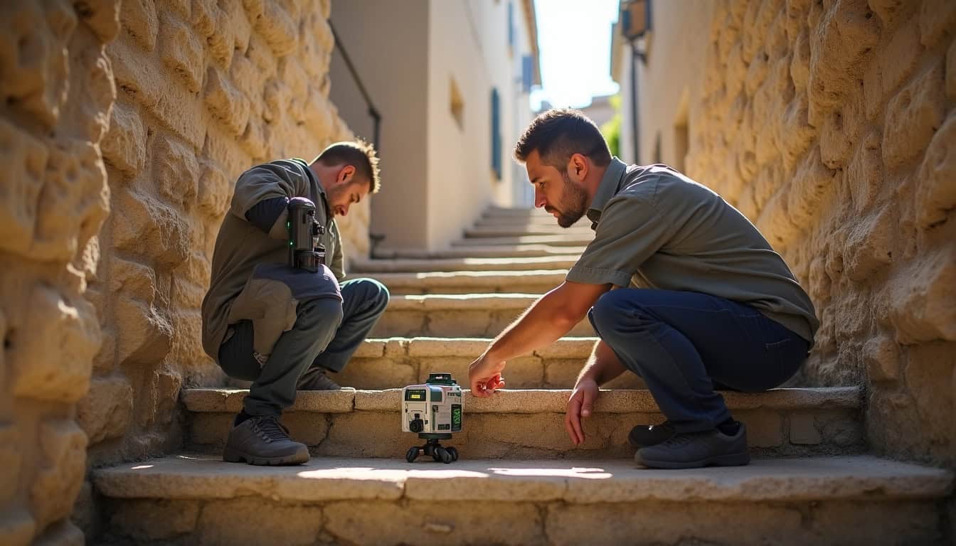 Technicien en train de mesurer un escalier ancien à Sault à l’aide d’un dispositif numérique