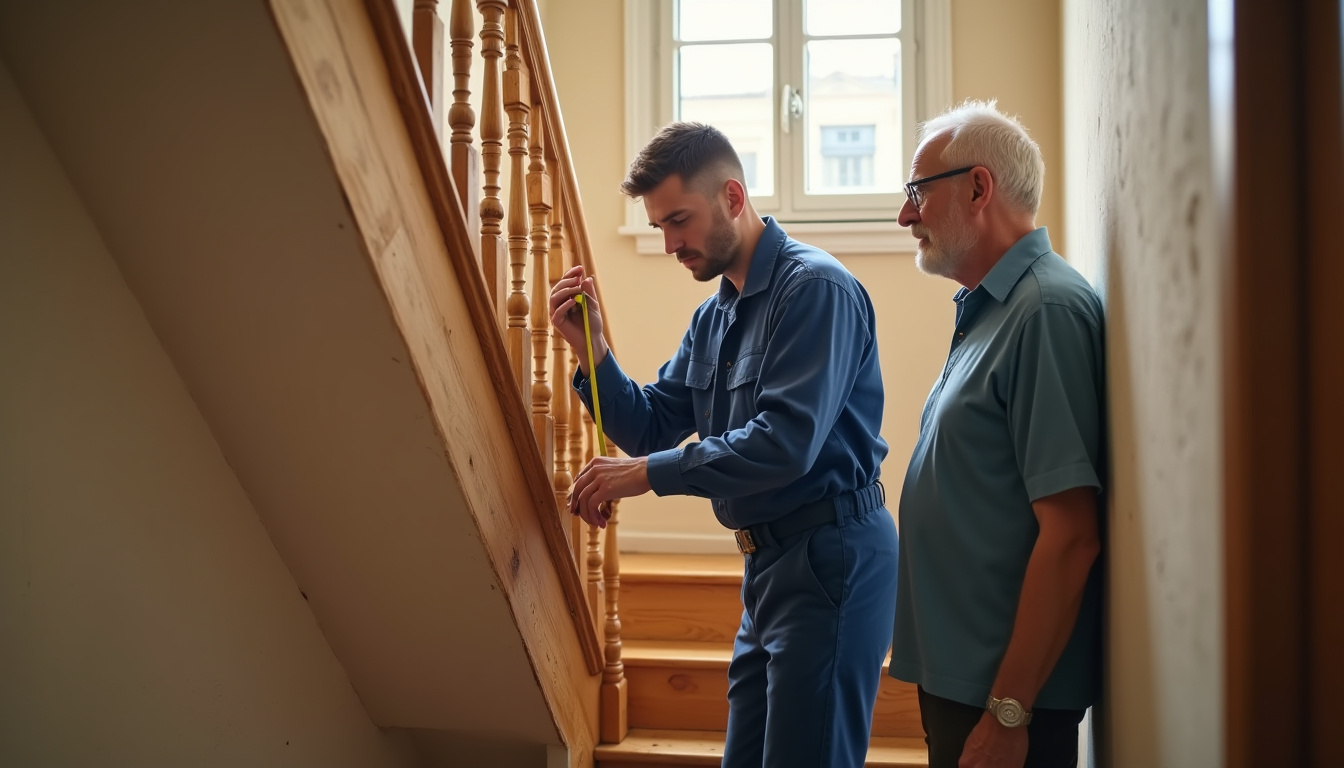 Technicien en train de mesurer un escalier avec un mètre, en présence d