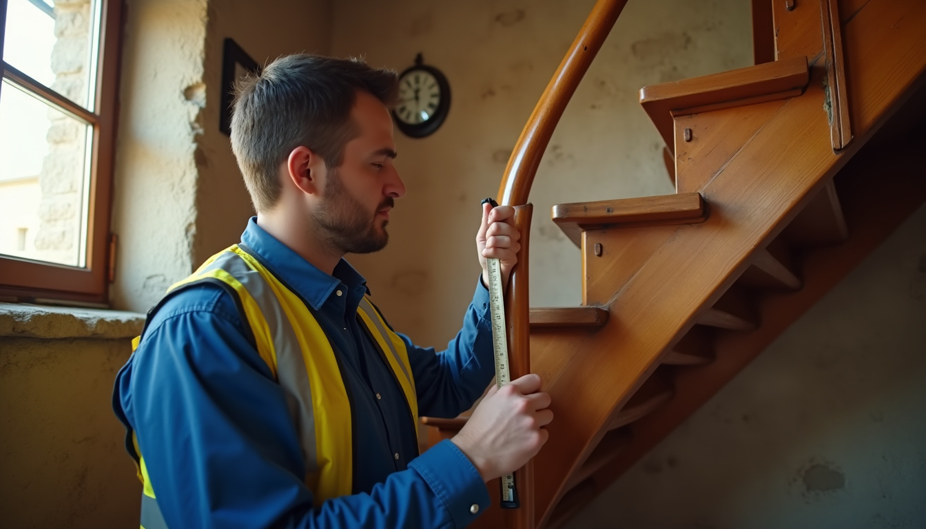 Technicien en train de mesurer un escalier dans une maison à Thiviers
