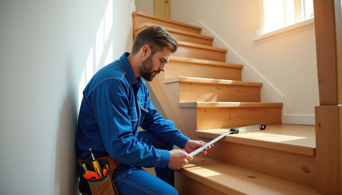 Technicien en train de mesurer un escalier en bois à Le Cheylas pour l