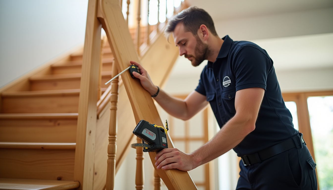 Technicien en train de mesurer un escalier en bois à Spechbach pour une installation sur mesure