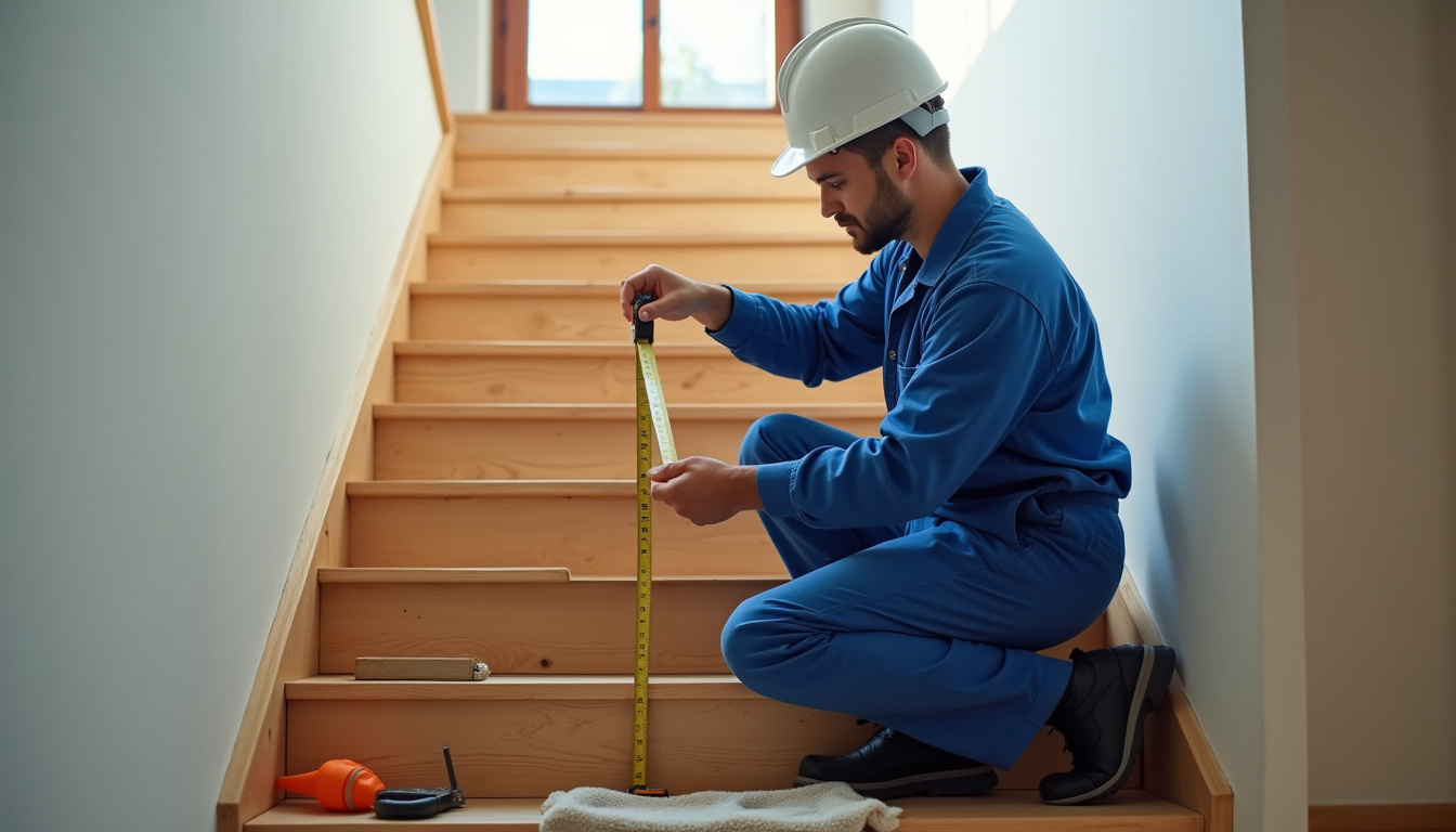 Technicien en train de mesurer un escalier en bois lors d
