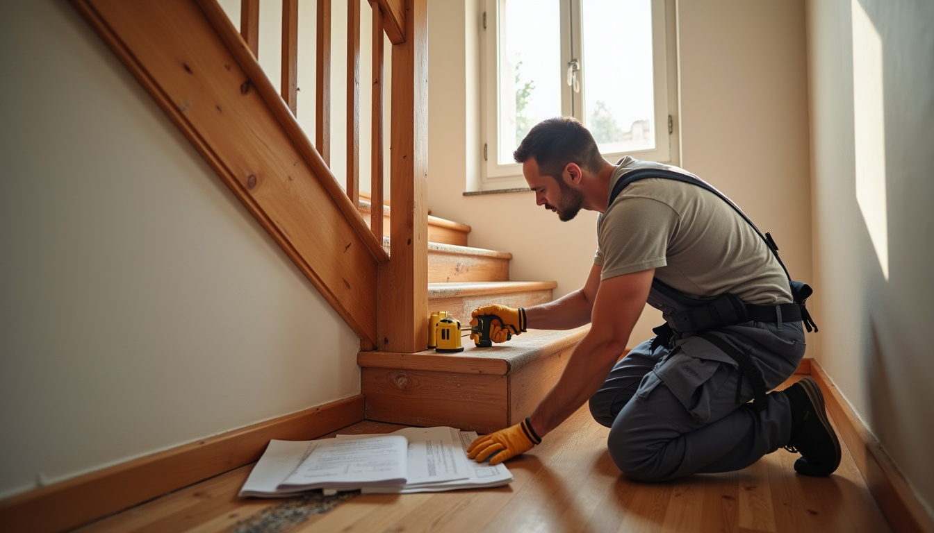 Technicien en train de mesurer un escalier en bois pour une installation sur mesure dans le Rhône