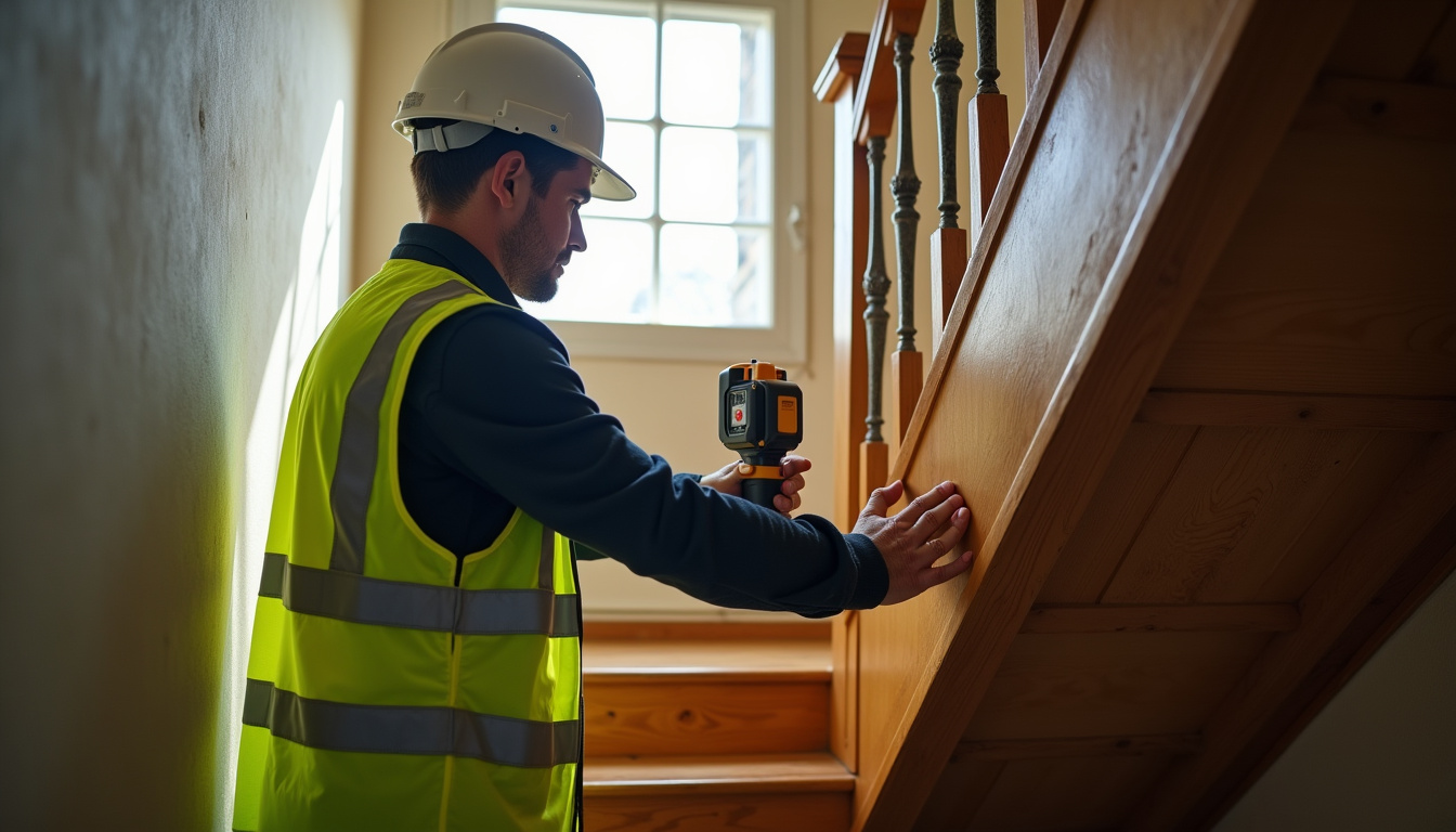 Technicien en train de mesurer un escalier intérieur avec un mètre laser