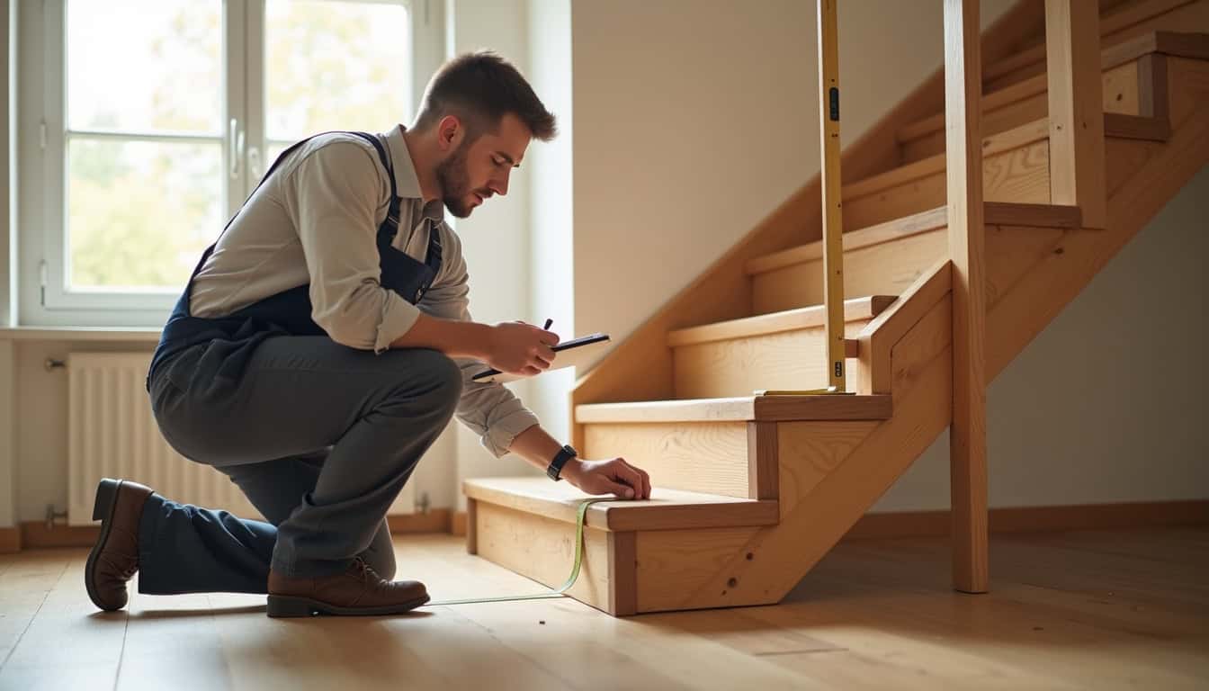 Technicien en train de mesurer un escalier intérieur pour un devis de monte-escalier à Saint-Nolff