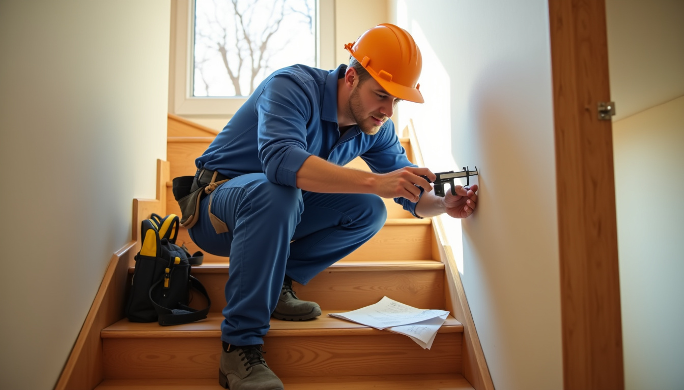 Technicien en train de mesurer un escalier lors d’un diagnostic technique à domicile à Chilleurs-aux-Bois