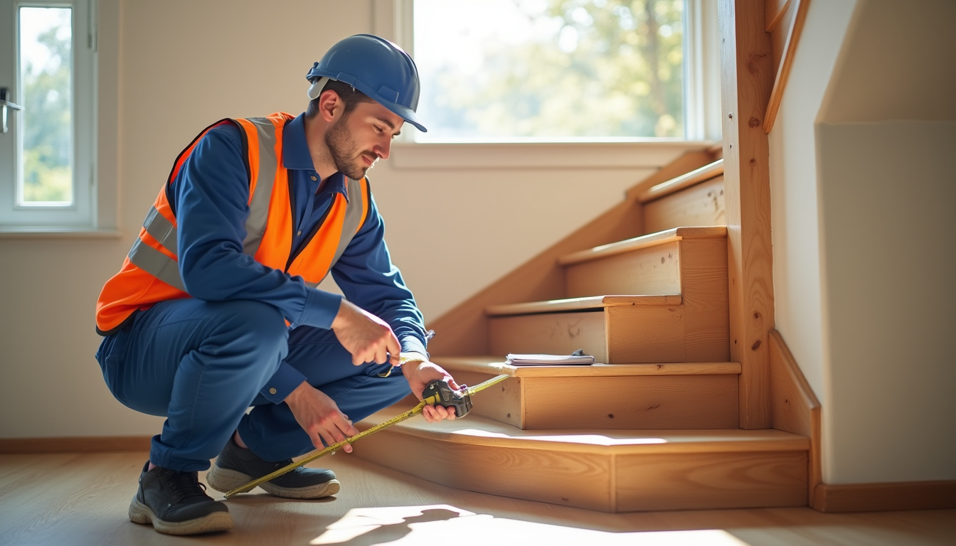 Technicien en train de mesurer un escalier pour installation à Teillay