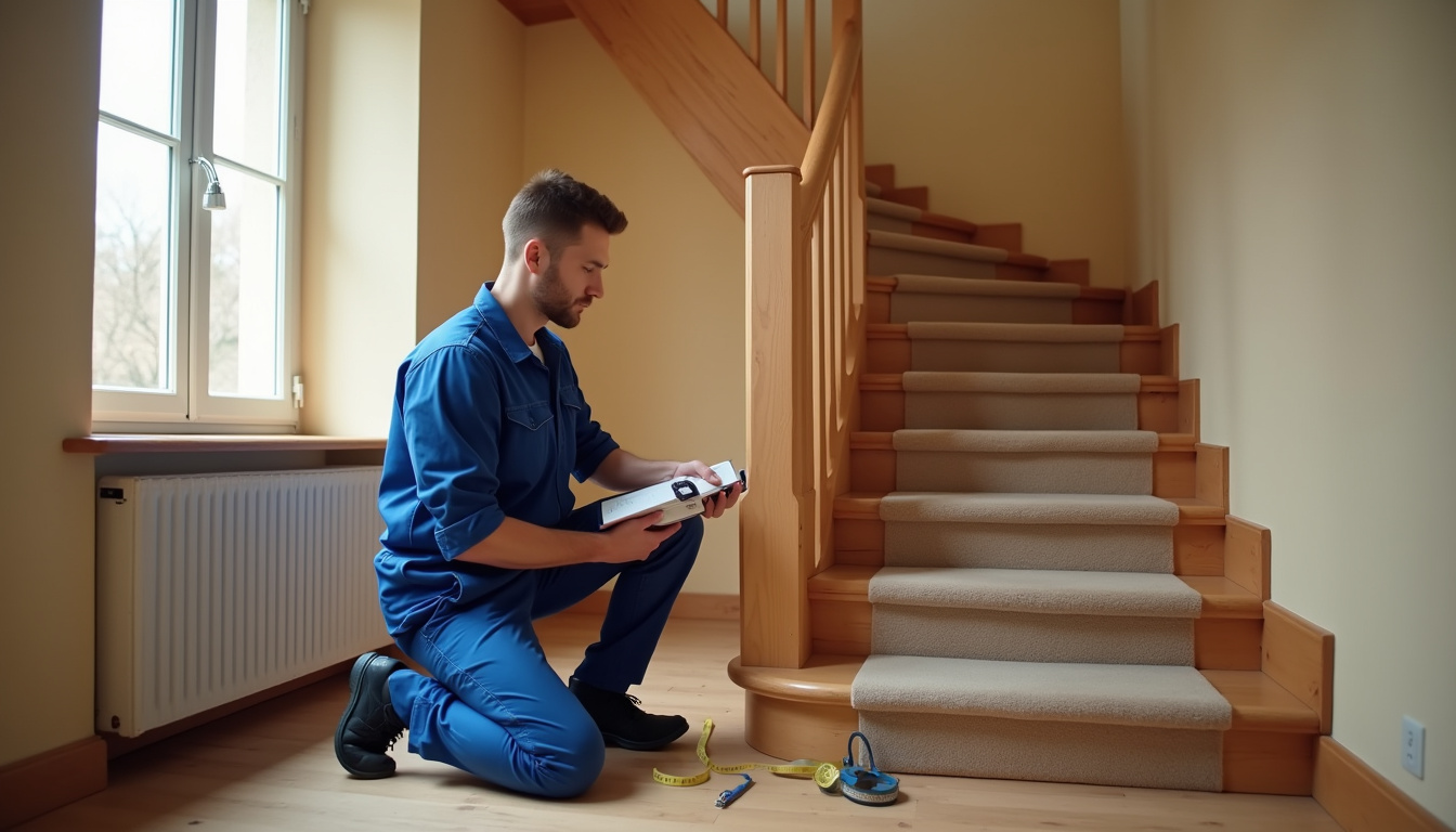 Technicien en train de mesurer un escalier pour installation d