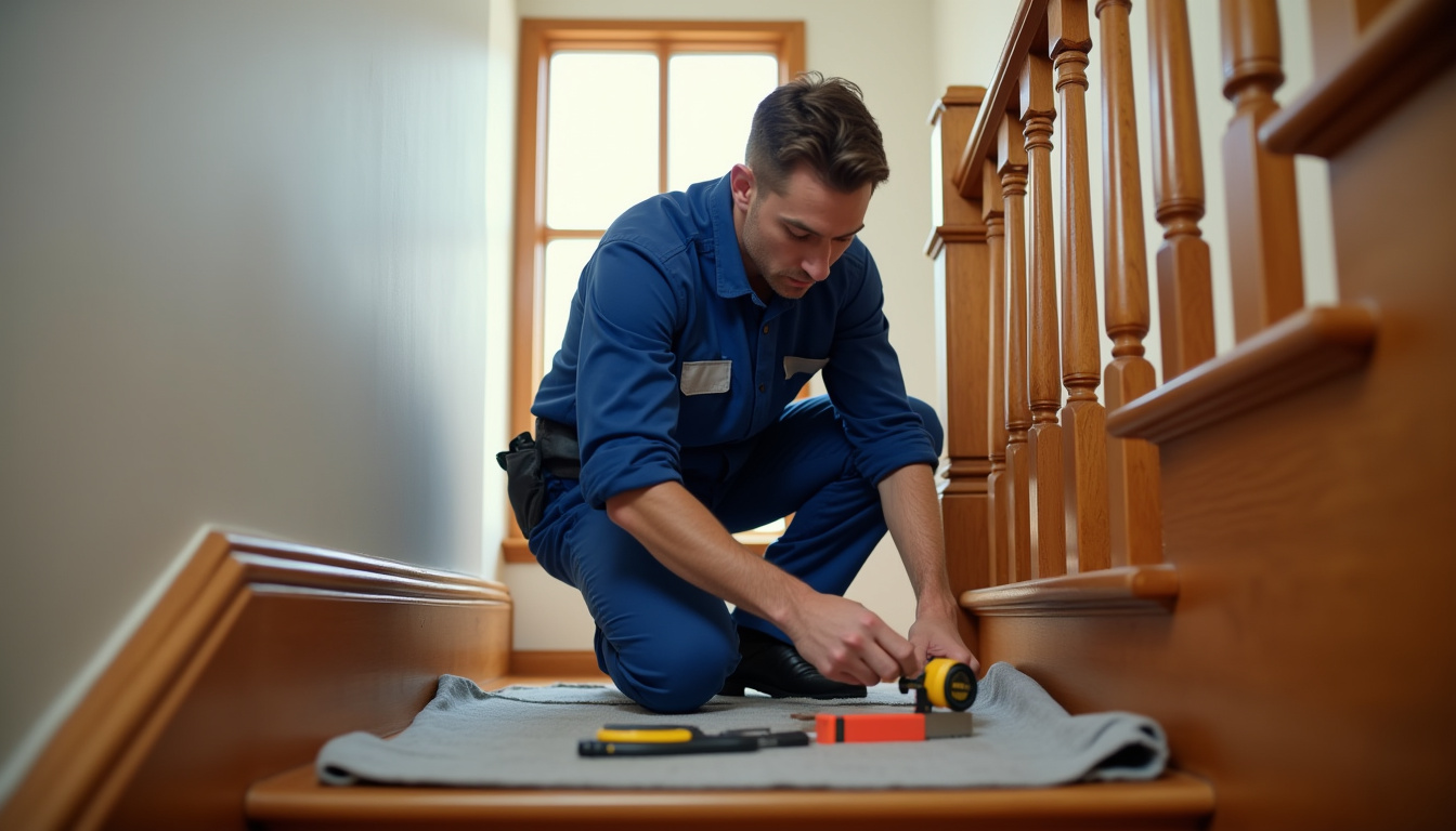 Technicien en train de mesurer un escalier pour installation d