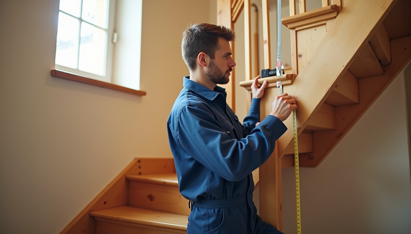 Technicien en train de mesurer un escalier pour installation de monte-escalier à Saints-Geosmes
