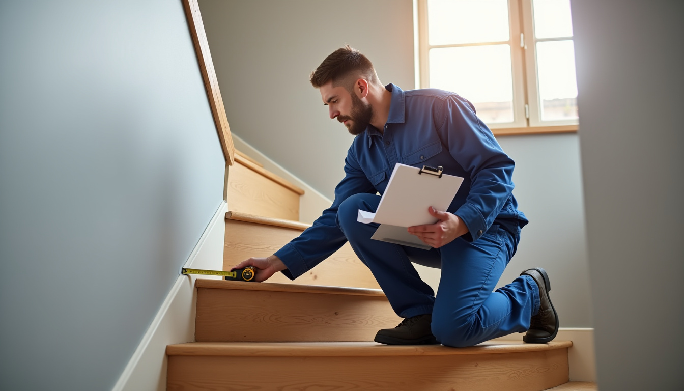 Technicien en train de mesurer un escalier pour installation d’un monte-escalier à Esbly