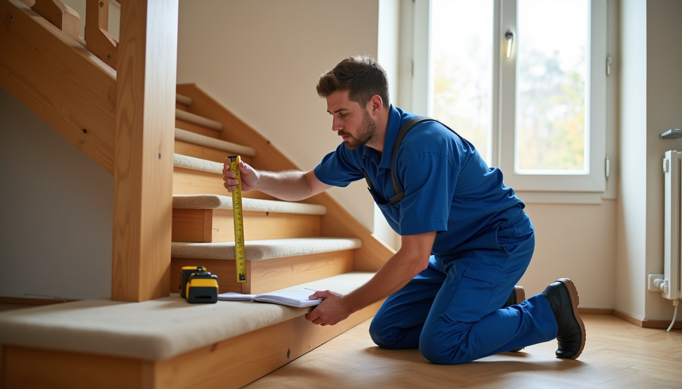 Technicien en train de mesurer un escalier pour installation d’un monte-escalier à Lusignan