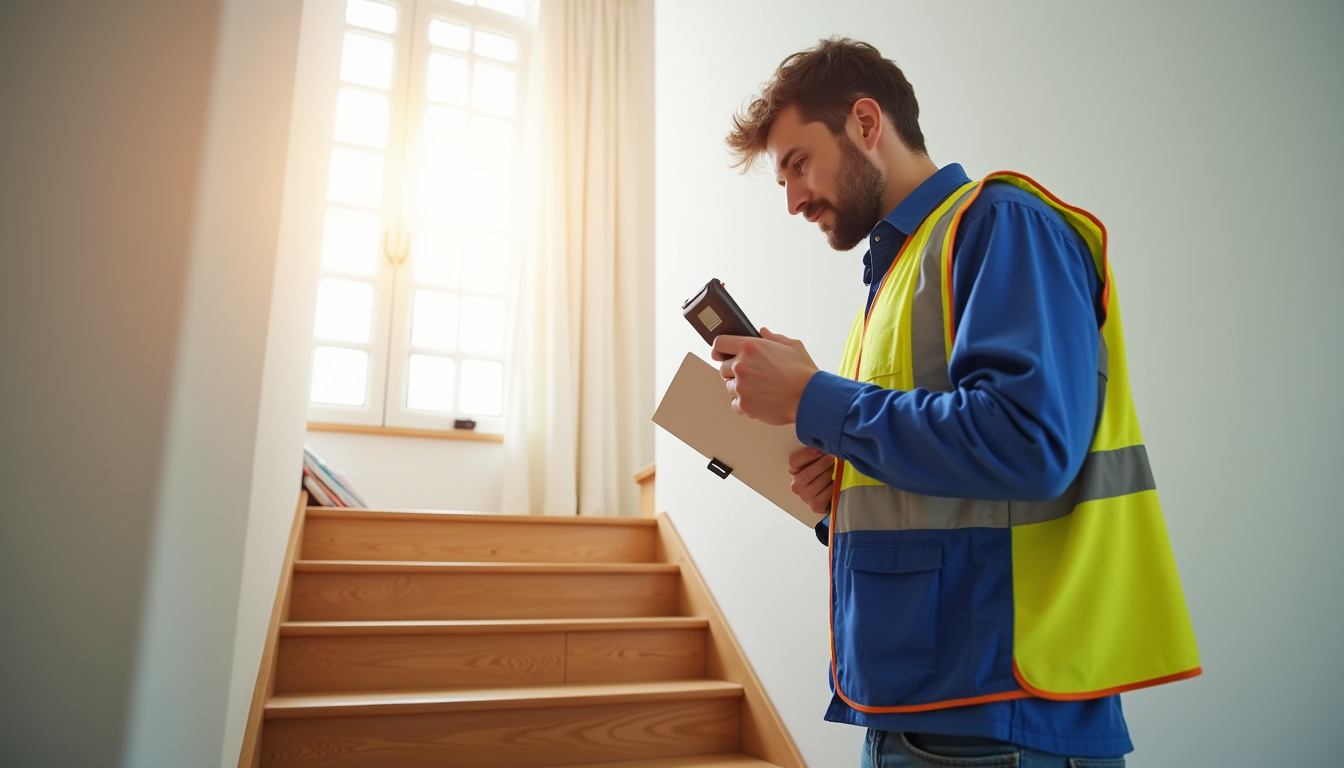 Technicien en train de mesurer un escalier pour installation d’un monte-escalier à Oye-Plage