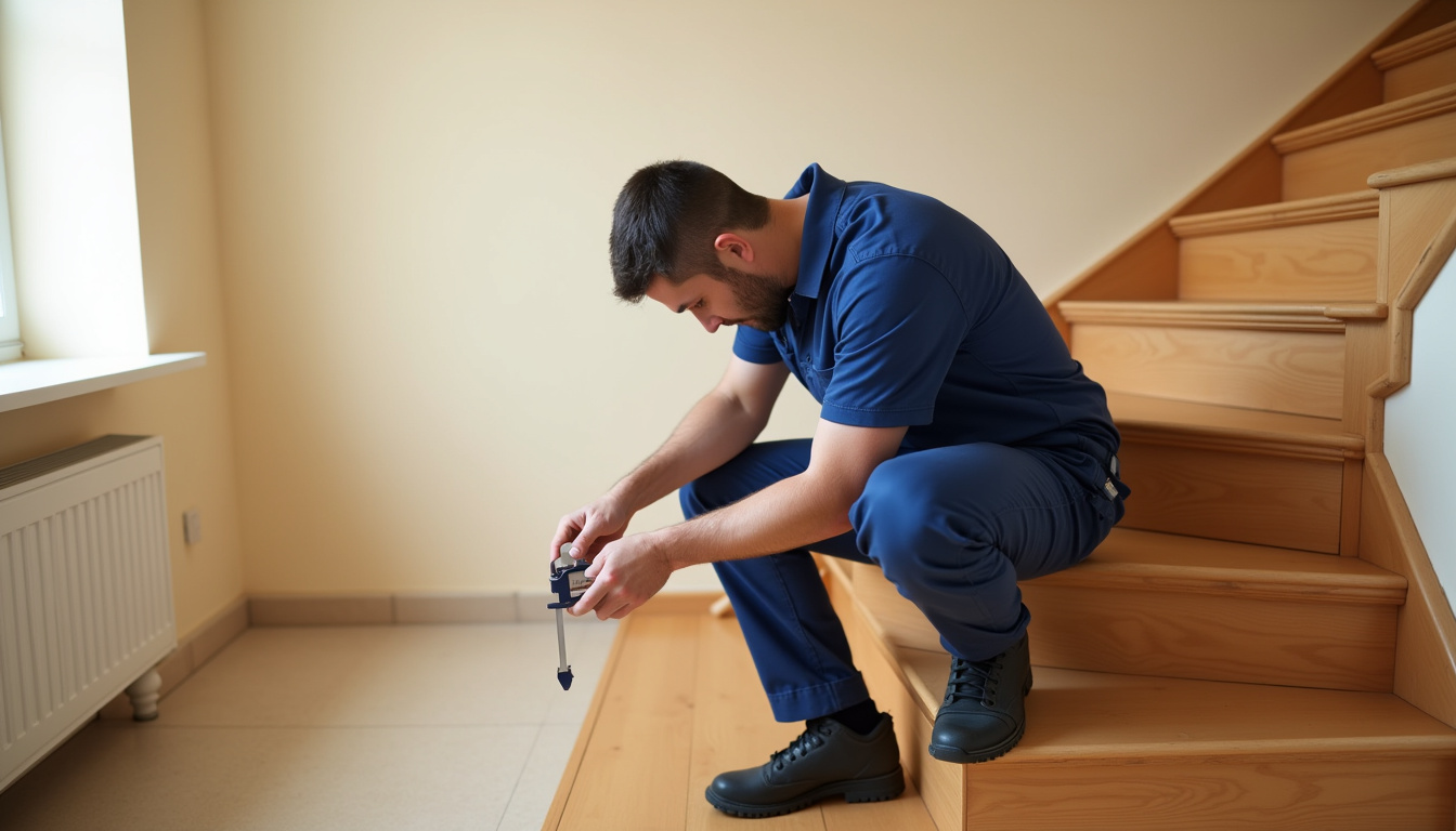 Technicien en train de mesurer un escalier pour installation d’un monte-escalier à Saint-Contest
