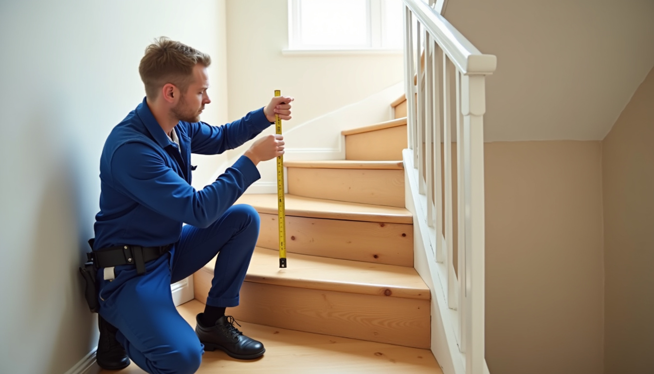 Technicien en train de mesurer un escalier pour l'installation d'un monte-escalier à Lieuran-lès-Béziers