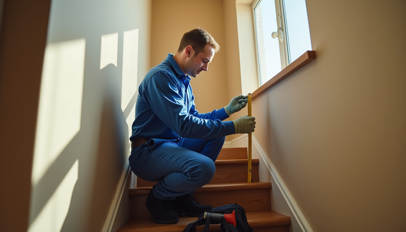 Technicien en train de mesurer un escalier pour l’installation d’un monte-escalier à Puttelange-lès-Thionville