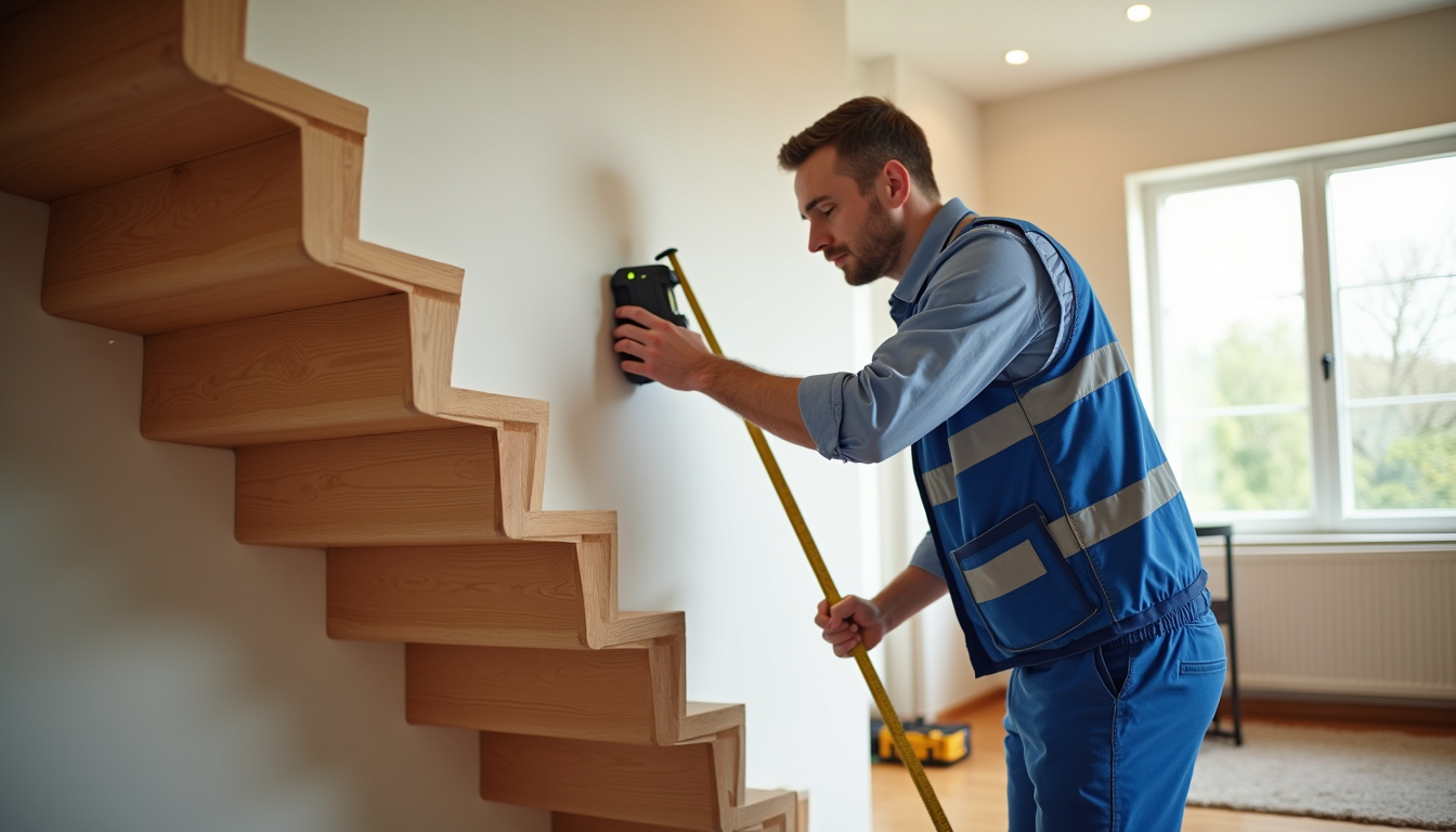Technicien en train de mesurer un escalier pour l'installation d'un monte-escalier à Semblançay