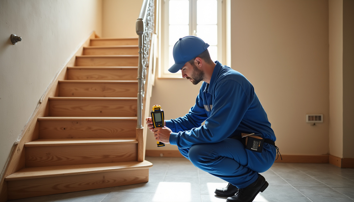 Technicien en train de mesurer un escalier pour un devis à Sainte-Foy-la-grande