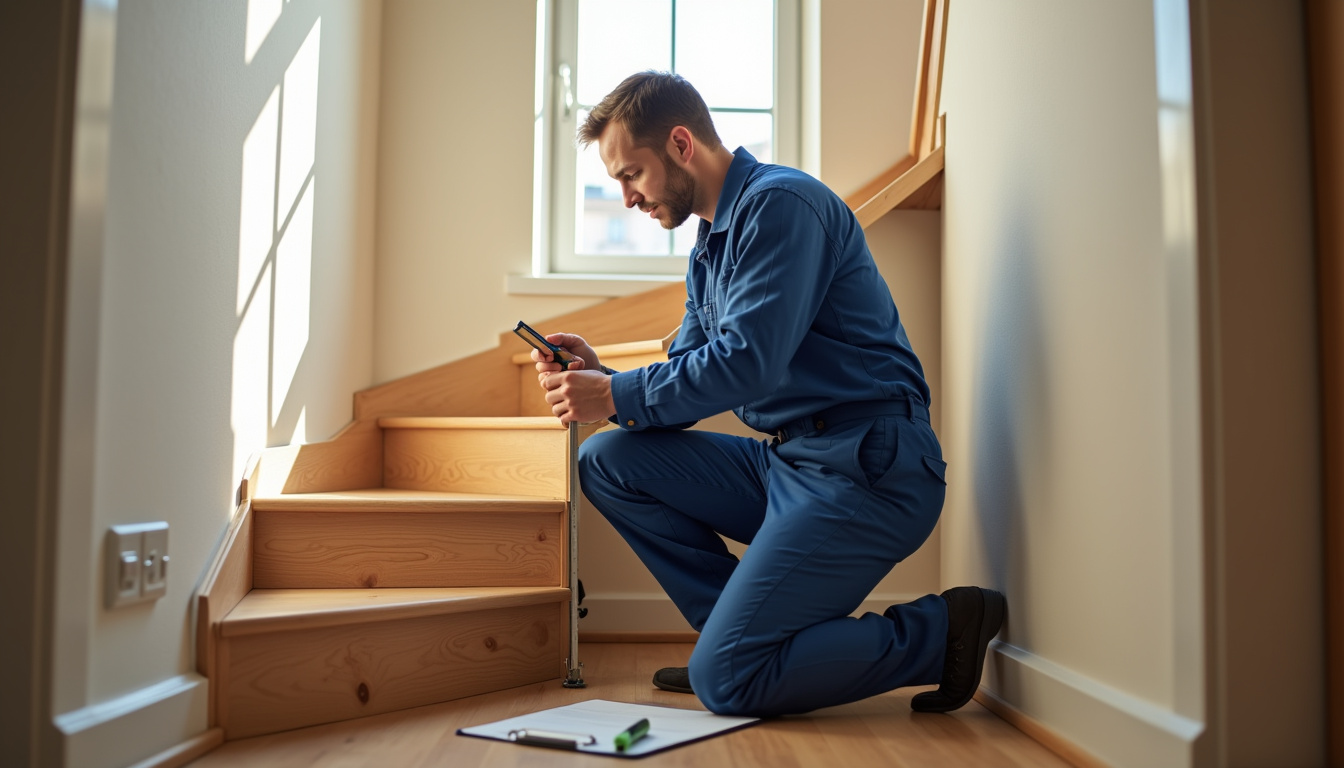 Technicien en train de mesurer un escalier pour un devis à Wassy