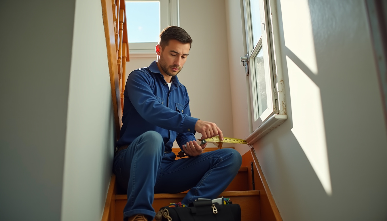Technicien en train de mesurer un escalier pour un devis de monte-escalier à Chanceaux-sur-Choisille