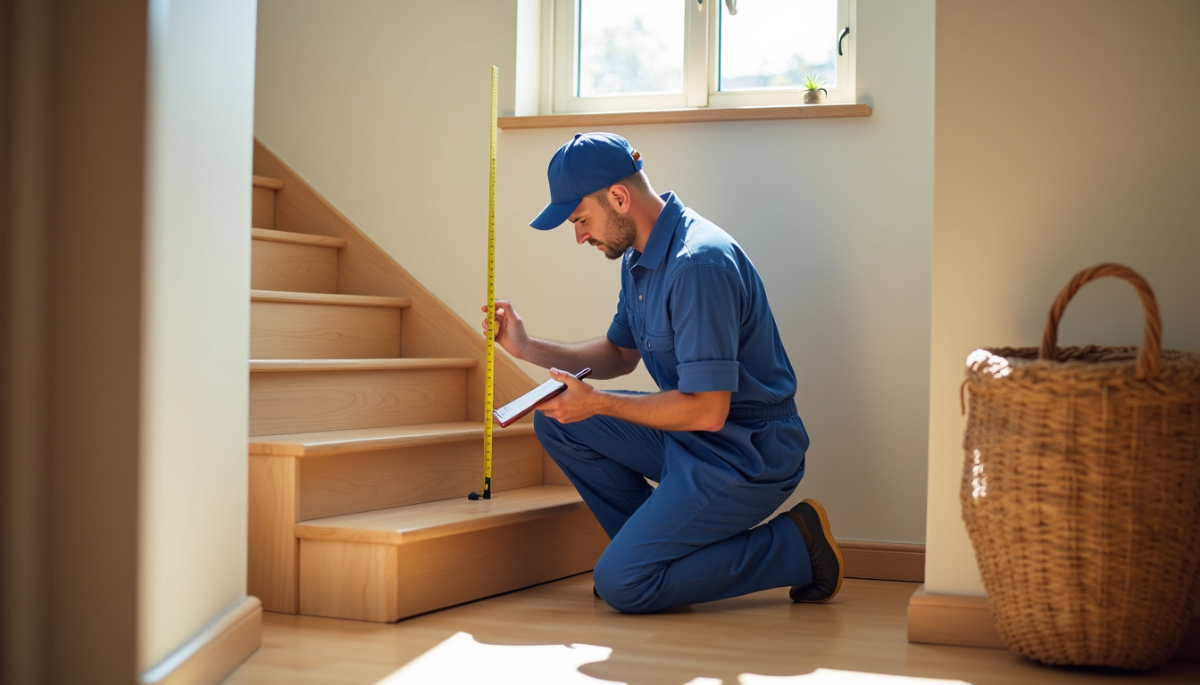 Technicien en train de mesurer un escalier pour un devis de monte-escalier à domicile