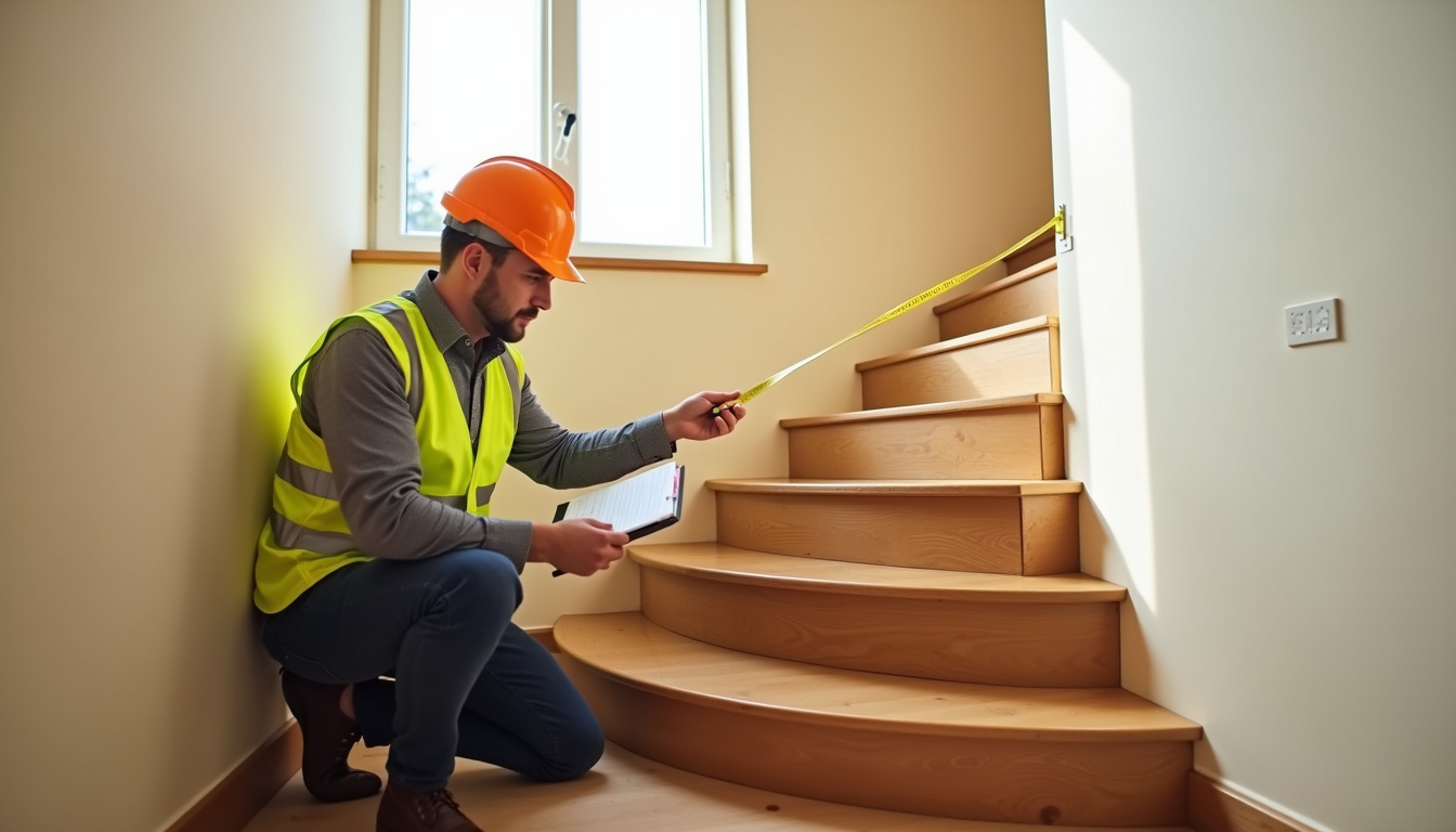 Technicien en train de mesurer un escalier pour un devis de monte-escalier à Guipel