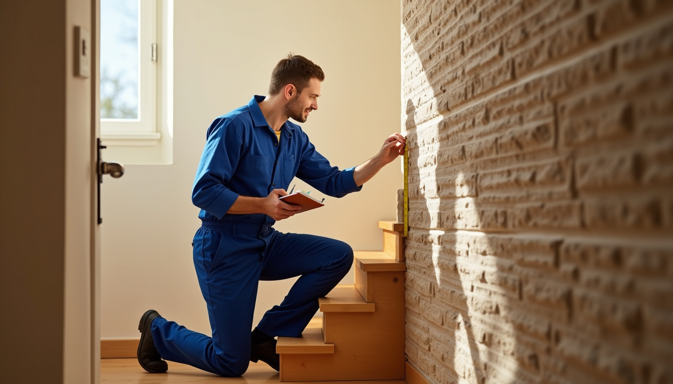 Technicien en train de mesurer un escalier pour un devis de monte-escalier à Saint-Affrique