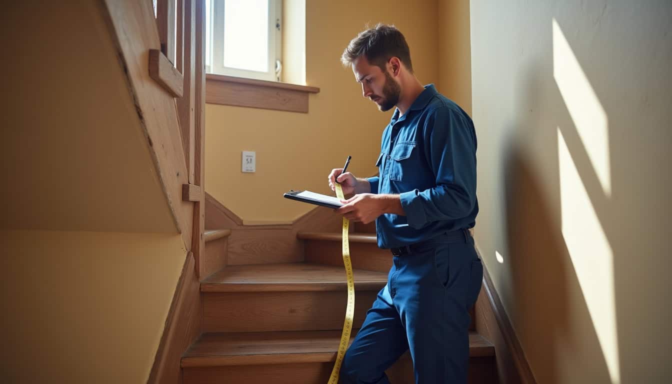 Technicien en train de mesurer un escalier pour un devis de monte-escalier à Saint-Porchaire