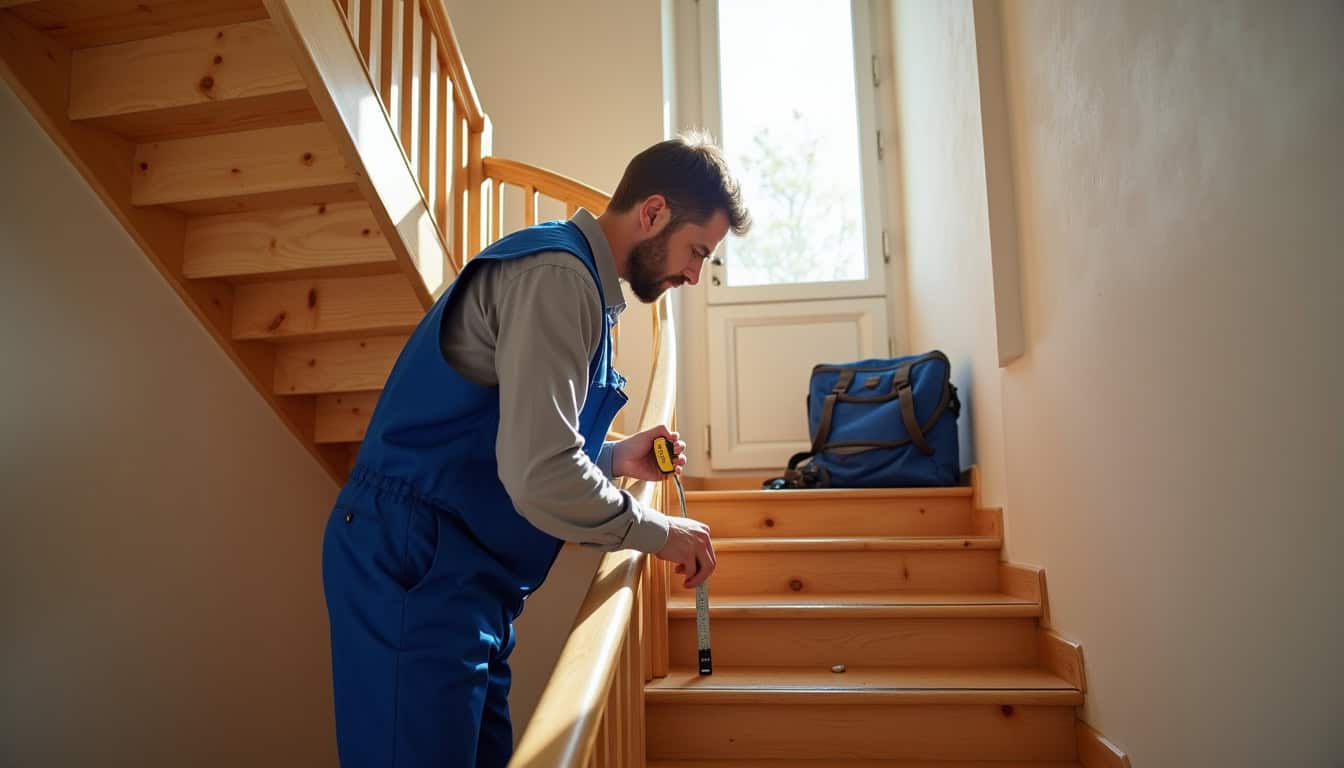 Technicien en train de mesurer un escalier pour une installation à Coullons