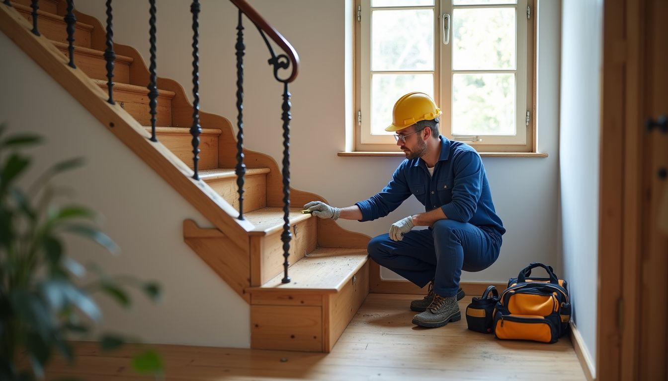 Technicien en train de mesurer un escalier pour une installation à Gontaud-de-Nogaret