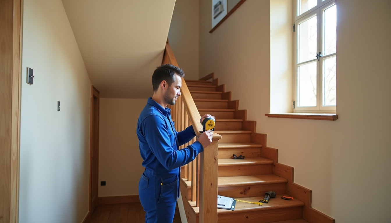 Technicien en train de mesurer un escalier pour une installation à Mathay