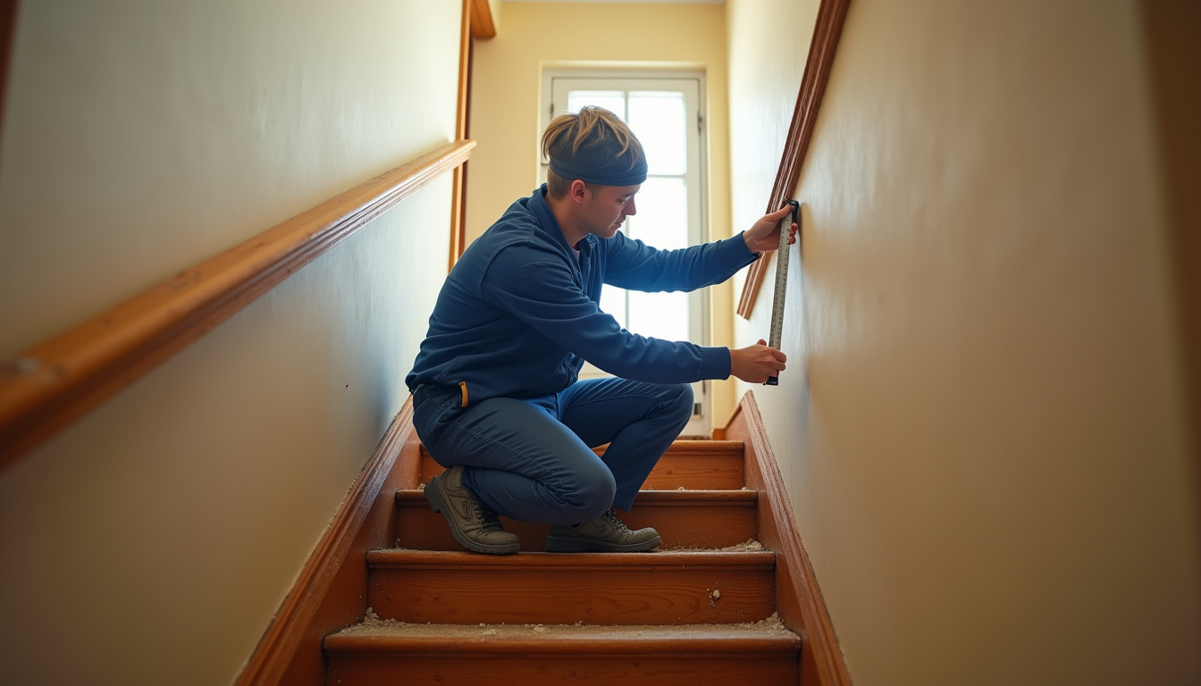 Technicien en train de mesurer un escalier pour une installation de monte-escalier à Port-Sainte-Foy-et-Ponchapt