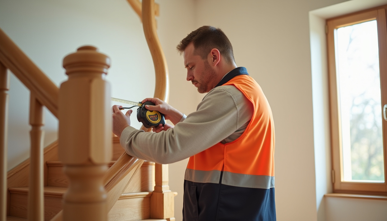 Technicien en train de mesurer un escalier pour une installation sur mesure à Les Moutiers-en-Retz