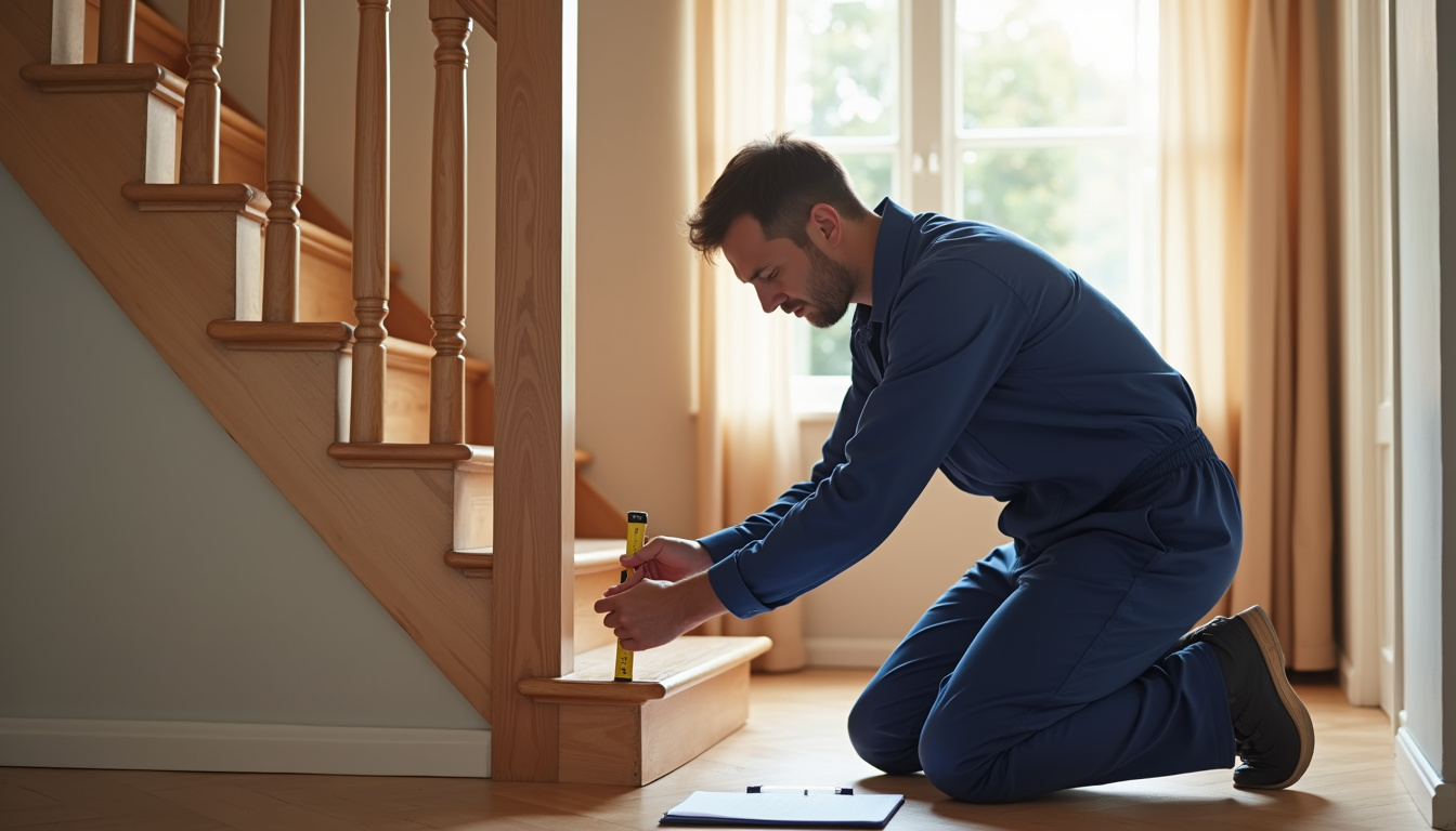 Technicien en train de mesurer un escalier pour une installation sur mesure à Lormes