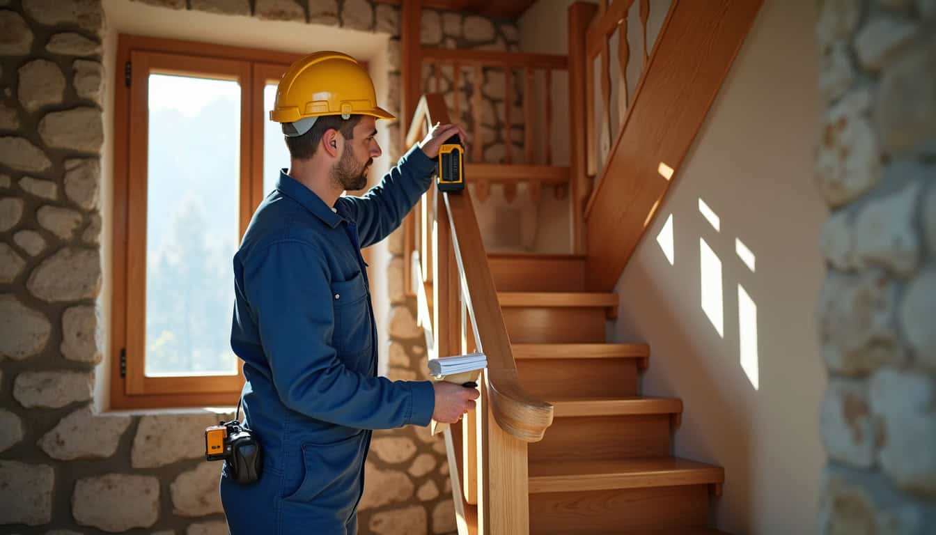 Technicien en train de mesurer un escalier pour une installation sur mesure à Saint-Gervais-les-Bains