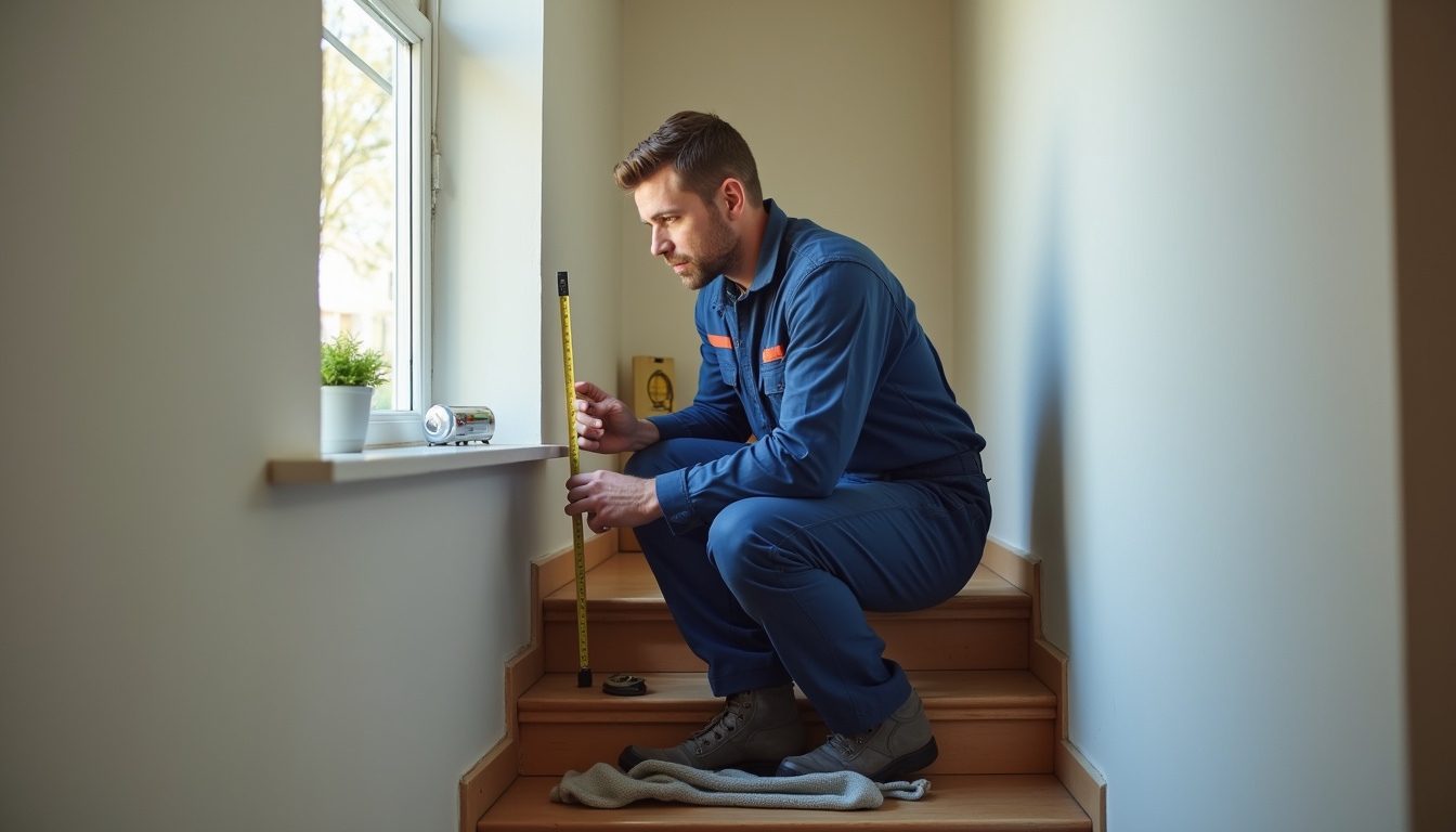 Technicien en train de mesurer un escalier pour une installation sur mesure