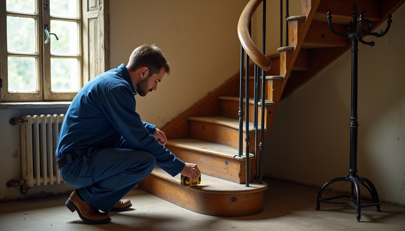 Technicien en train de mesurer un escalier tournant dans une maison ancienne à Vic-en-Bigorre