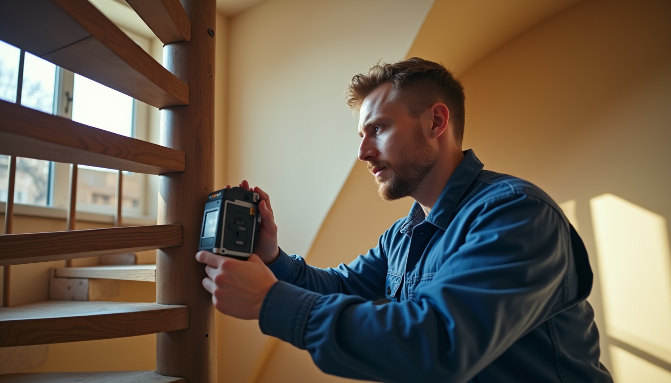 Technicien en train de mesurer un escalier tournant pour l